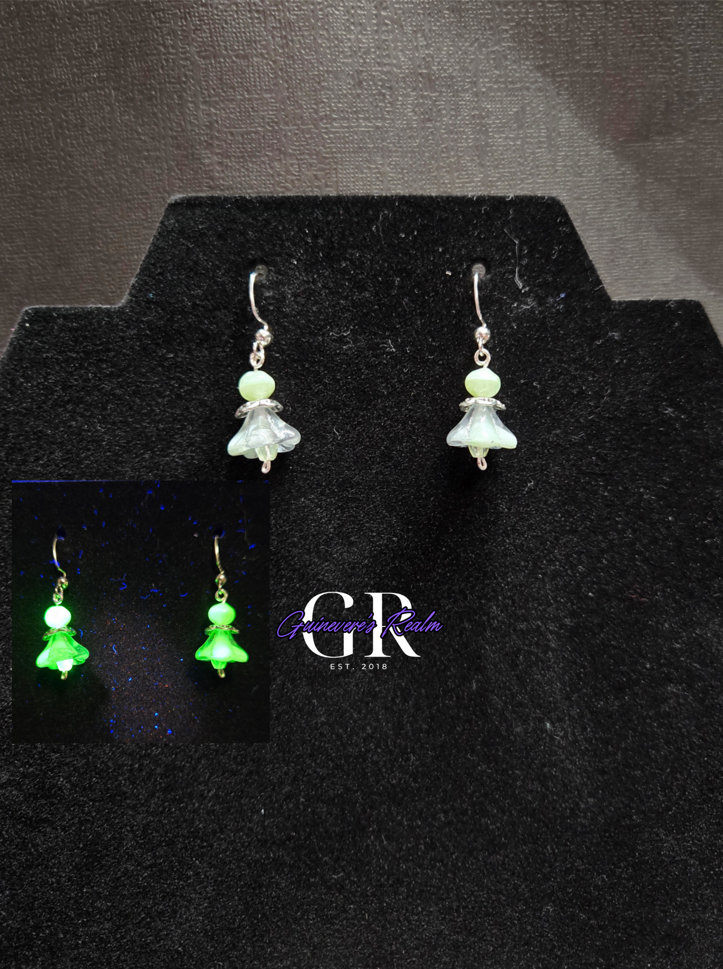 Uranium Glass Flower Earrings Green