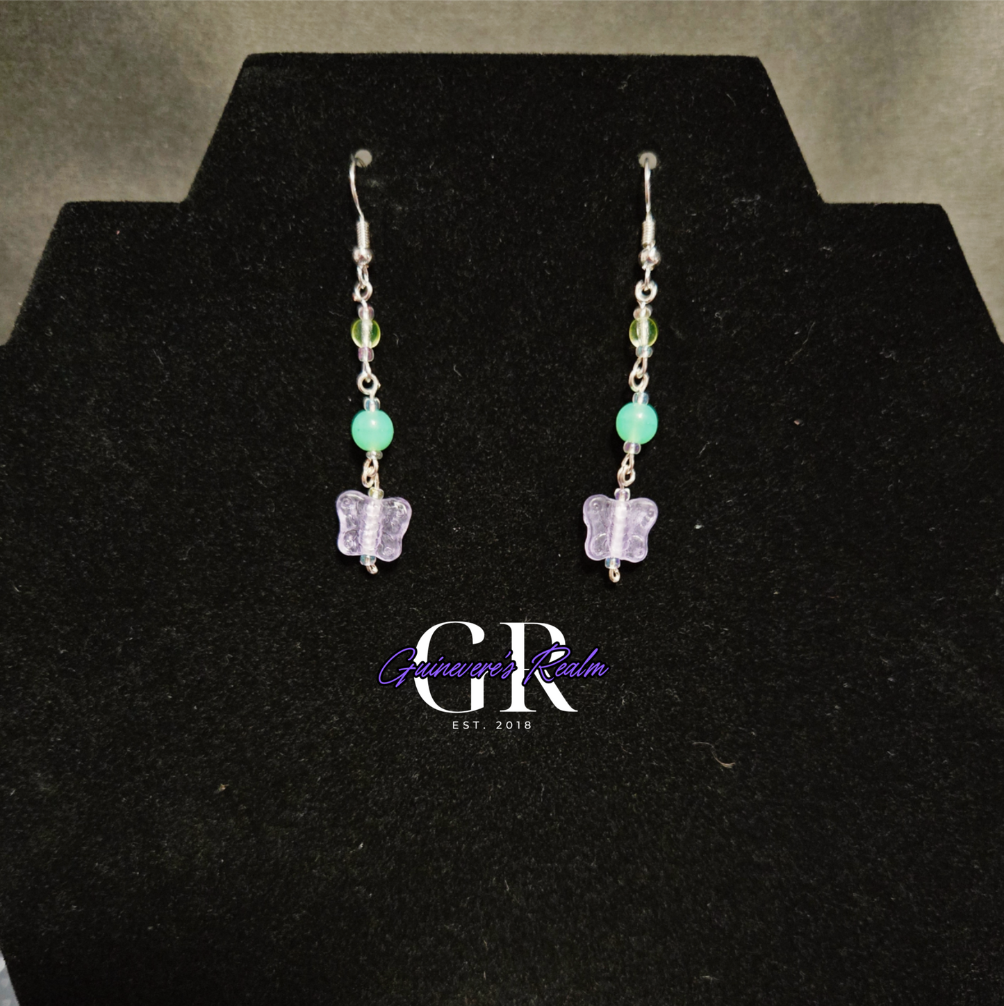 Uranium Glass Earrings Purple Butterfly
