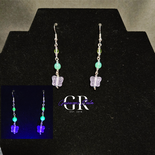 Uranium Glass Earrings Purple Butterfly
