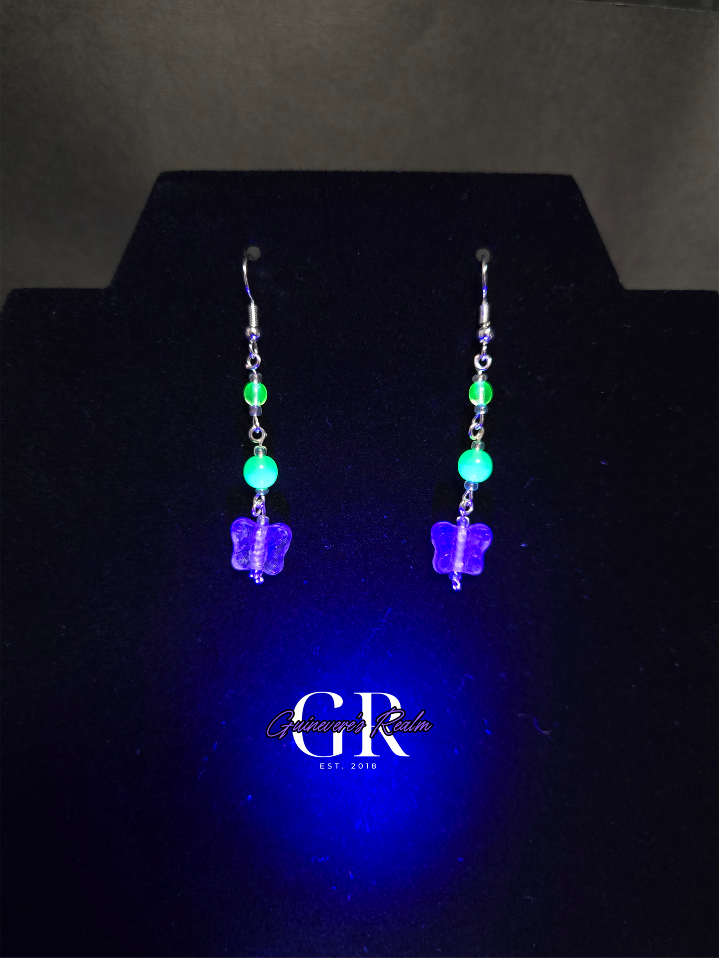Uranium Glass Earrings Purple Butterfly