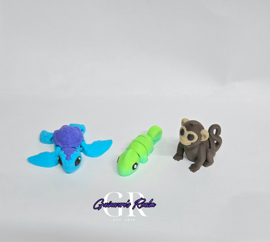 3D Printed Mini Animal Sea Turtle, Chameleon, Monkey