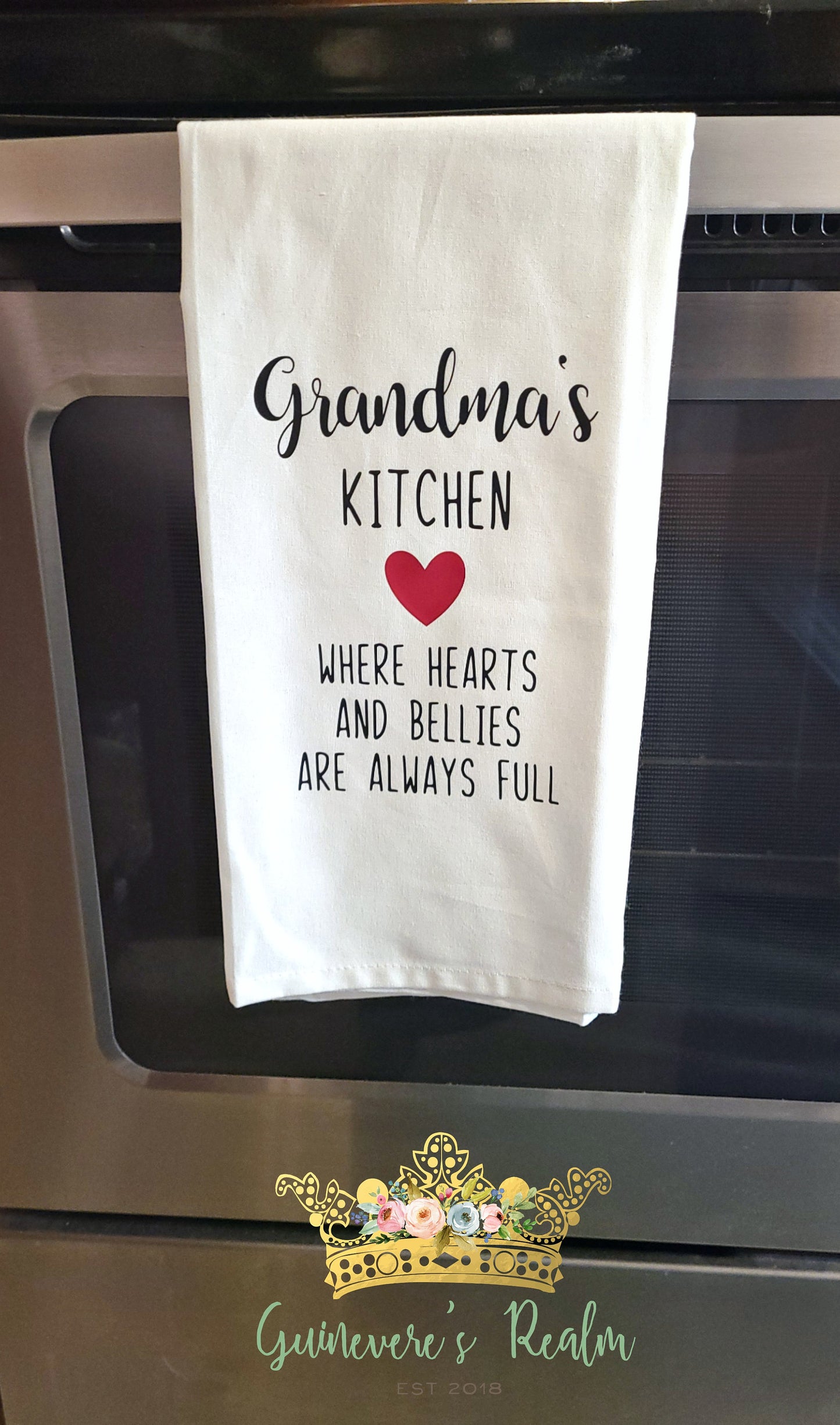 Mom's Kitchen Tea Towel, Mother's Day Gifts, Grandma's Kitchen Tea Towel, Mom's Kitchen Where Hearts and Bellies Are Always Full Towel, Gift