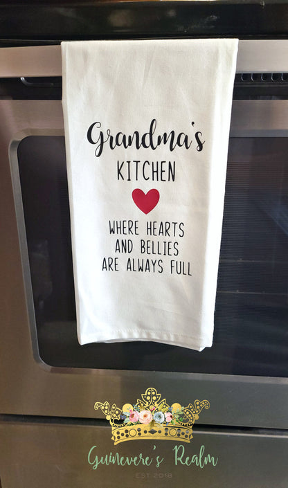 Mom's Kitchen Tea Towel, Mother's Day Gifts, Grandma's Kitchen Tea Towel, Mom's Kitchen Where Hearts and Bellies Are Always Full Towel, Gift