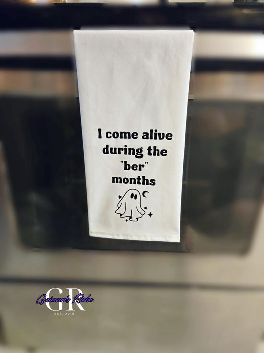 Ghost Halloween Tea Towel, "Ber Months" Kitchen Decor, Cotton Flour Sack Towel