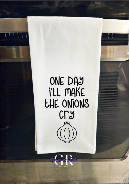 Funny 'Onions Cry' Flour Sack Tea Towel, Kitchen Decor