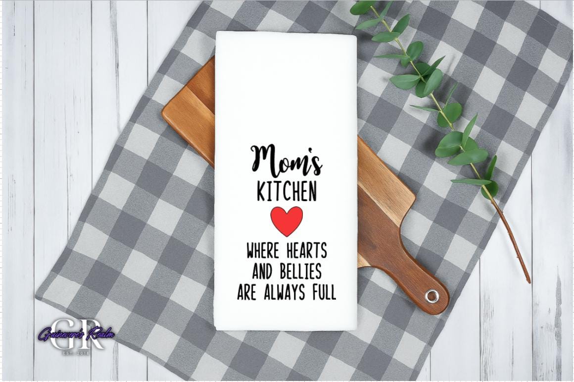 Mom's Kitchen Tea Towel, Mother's Day Gifts, Grandma's Kitchen Tea Towel, Mom's Kitchen Where Hearts and Bellies Are Always Full Towel, Gift