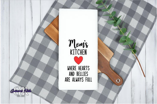 Mom's Kitchen Tea Towel, Mother's Day Gifts, Grandma's Kitchen Tea Towel, Mom's Kitchen Where Hearts and Bellies Are Always Full Towel, Gift